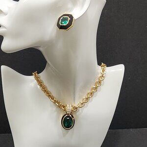 NWT Vintage 90s Monet Black Enamel/Green Rhinestone Clip Earring & Necklace Set